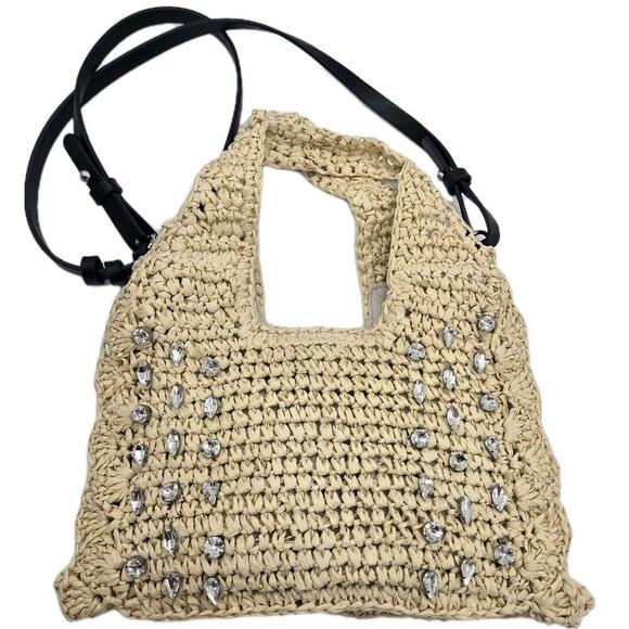 Btb Los Angeles Handbags - NWT BTB Los Angeles Straw Bag Crystal Embellished Crossbody Boho Shabby Chic Cot